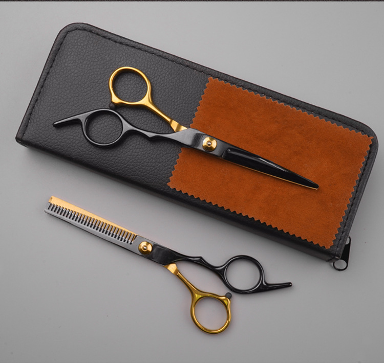 Forbici✂Forbici da parrucchiere a denti piatti in acciaio inossidabile nero e oro, set professionale per il taglio dei capelli_voghion.com