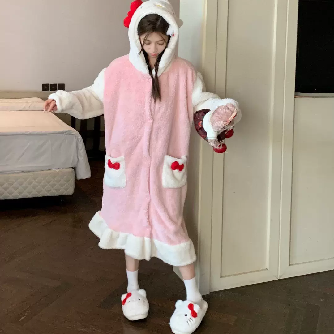 睡衣女款秋冬珊瑚绒加厚加绒长款睡袍可爱法兰绒冬季家居服可外穿