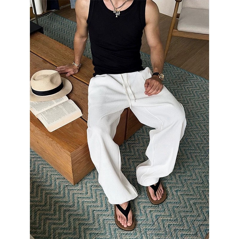 White Waffle Texture Cool Breathable Pants, Loose Bf Style Casual Long Pants for Men, Summer Ice Silk Wide-Leg Pants White Waffle Texture Cool Breathable Pants, Loose Bf Style Casual Long Pants for Men, Summer Ice Silk Wide-Leg Pants