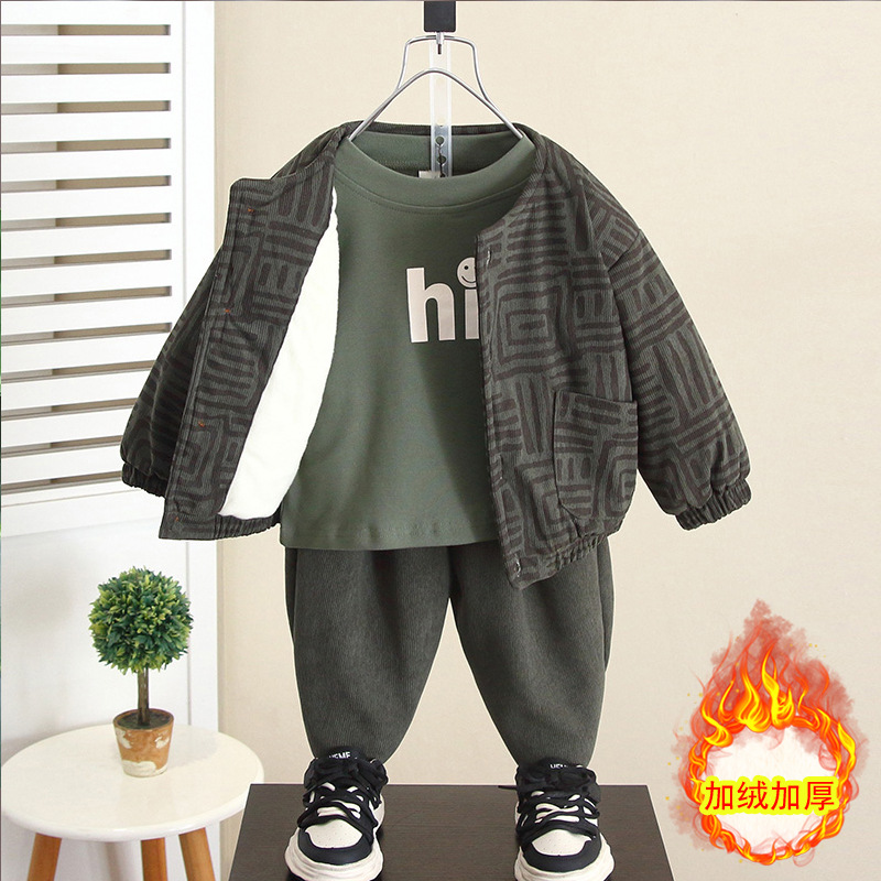6830 niños otoño e invierno traje de tres piezas para niños más chaqueta gruesa de terciopelo 2025 nuevos pantalones de pana para bebés de moda