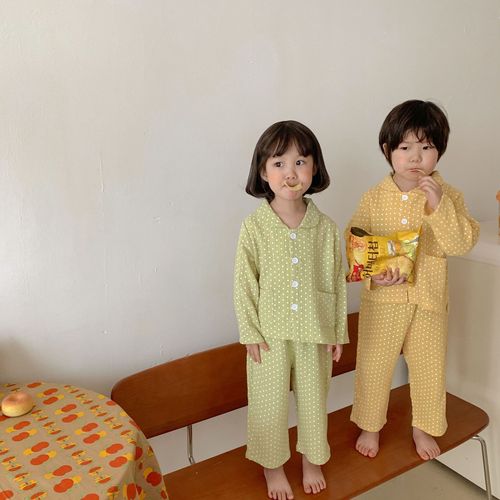 Children's Korean pajamas baby spring and autumn pure cotton gauze polka dot boys long-sleeved suit boys and girls home clothes