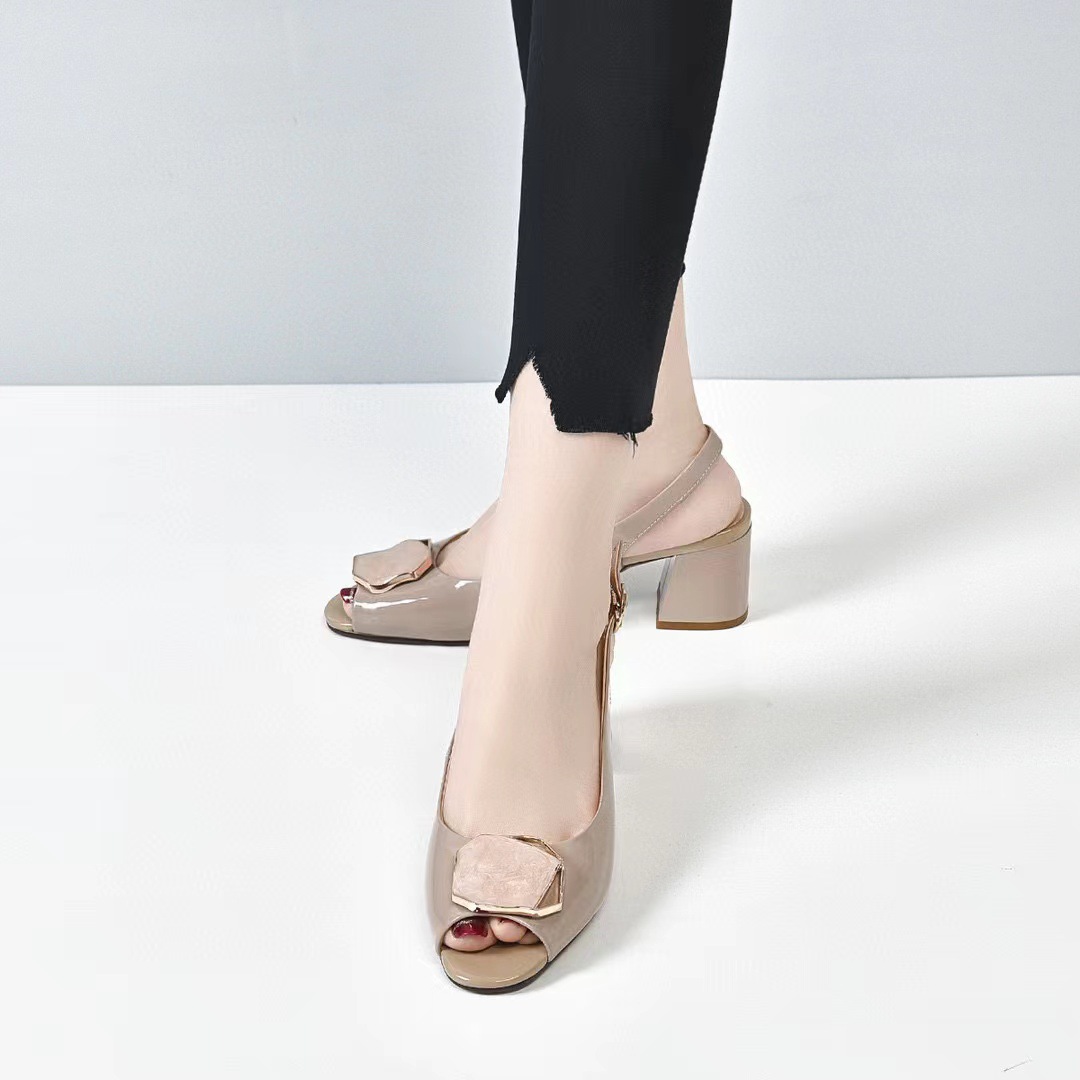 Sandal cao gót nữ hở mũi quai ngang đế thô da thật — đen chi tiết 7