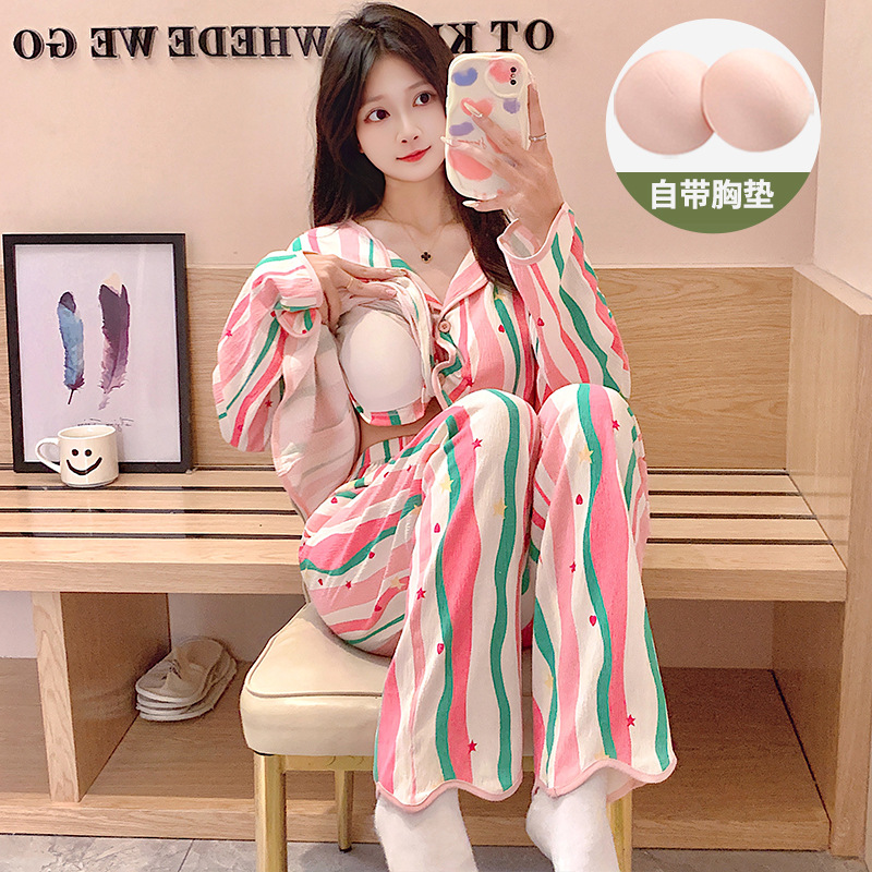 여성용 가슴 패드가 있는 봄, 가을 얇은 잠옷, 카디건 라펠 긴팔 바지, 달콤하고 귀여운 새 홈웨어 세트