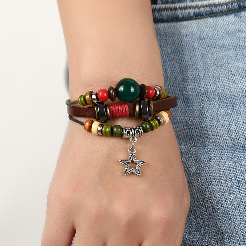 Punk creative design new multi-layer beaded leather bracelet five-pointed star small pendant