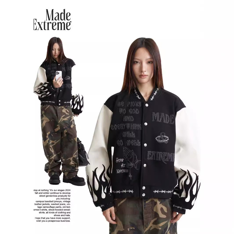 MADEEXTREME Half a Million Needle Mixed Embroidered PU Sleeves Autumn American Style Street Coat Jacket for Men and Women