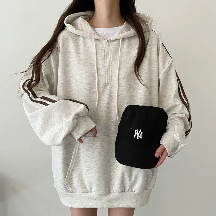 纯色外套秋冬2025新款宽松加绒加厚卫衣灰色韩版中长款2条杠连帽