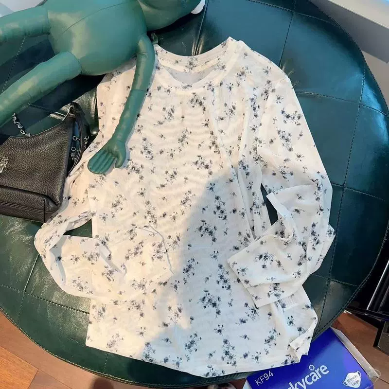 Летняя сетчатая Базовая рубашка Солнцезащитная рубашка с цветочным принтом Тонкая футболка с длинными рукавами для похудения Простой повседневный элегантный универсальный топ