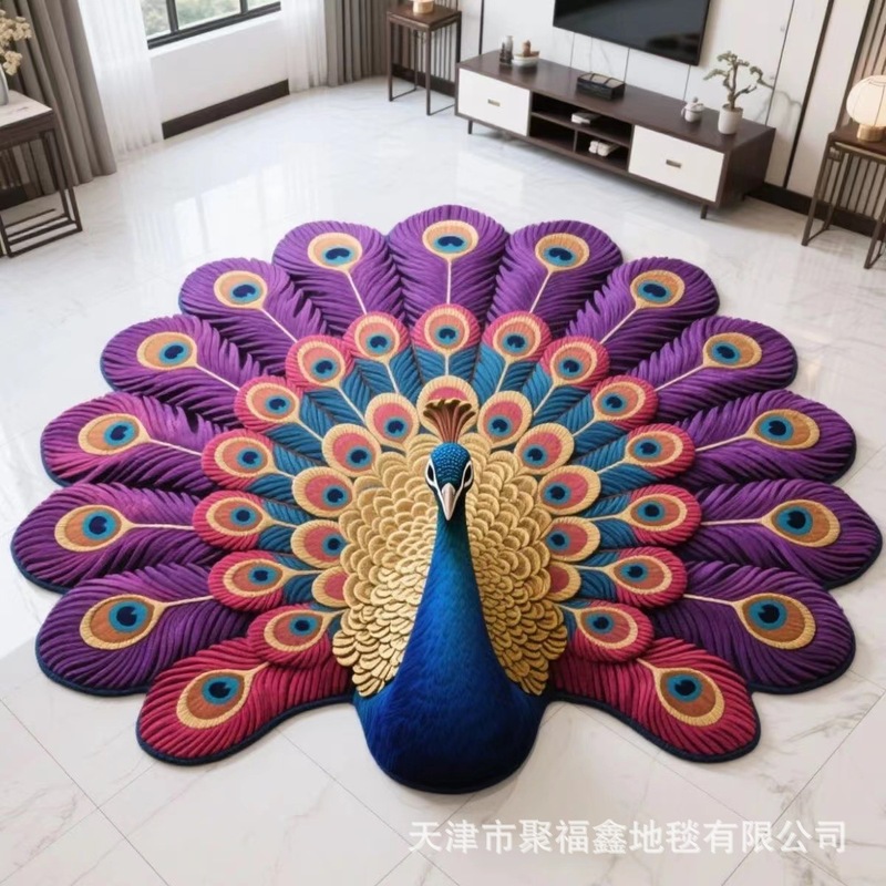 热销孔雀水晶绒客厅家用地垫客厅3D花卉地毯圆形家居新款异形垫|undefined