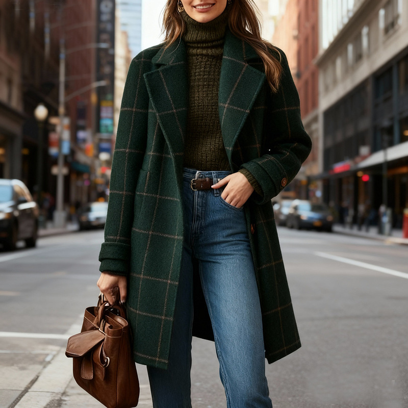 Amazon Cross-Border Spot Winter European and American Style Retro Plaid Casual Temperament Long Lapel Jacket Women's Tops