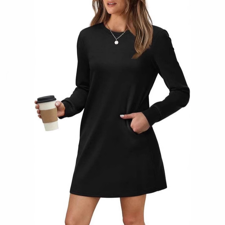 2024 ヨーロッパとアメリカの貿易クロスボーダー婦人服アマゾン爆丸首バックプリーツポケット長袖スウェットシャツドレス|undefined