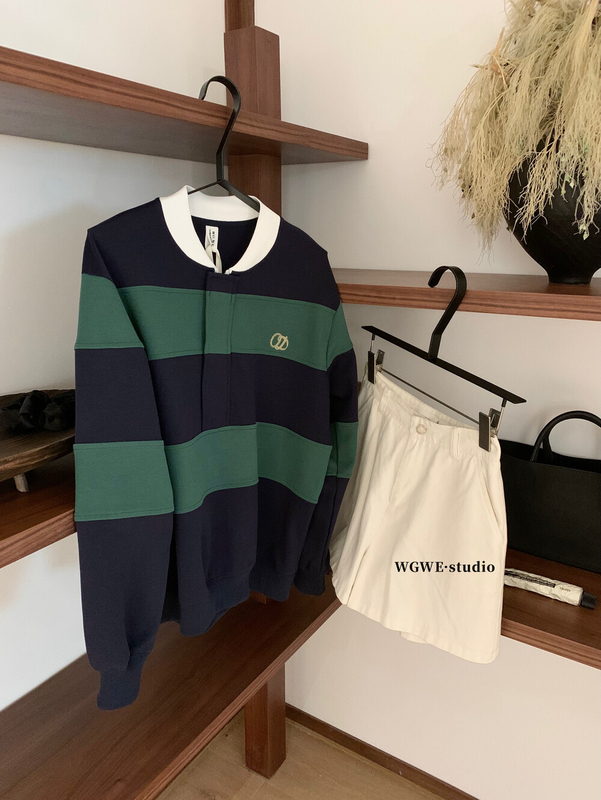 WGWE秋季韩版学院风刺绣条纹软糯百搭宽松显瘦翻领长袖卫衣W6897|undefined