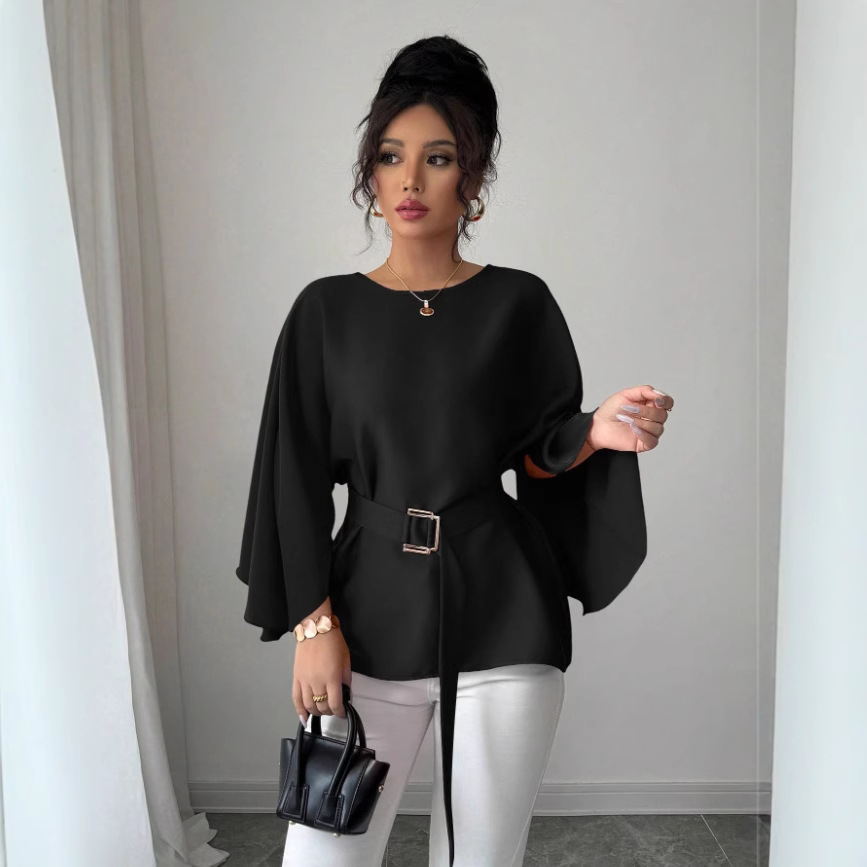 Amazon 2026 Summer Women's Fashion Aliexpress Comfortable Loose-Fit Round Neck Belted Elegant Shirt