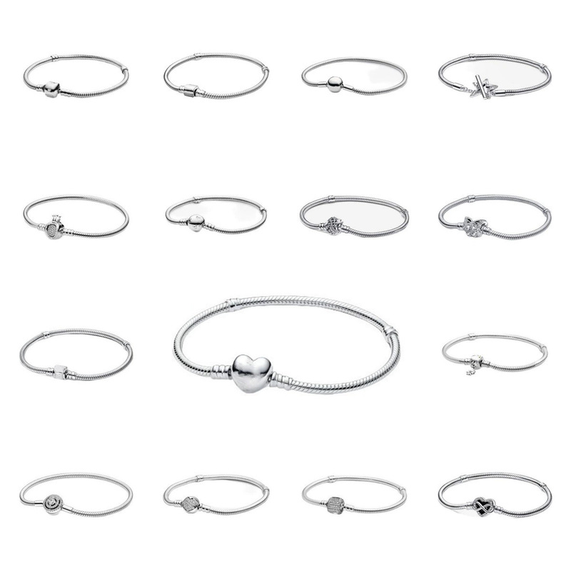 Pan's Bracelet S925 White Copper Thick Silver-Plated Classic Style Square Head Heart Full Diamond DIY Pendant Bead Bracelet