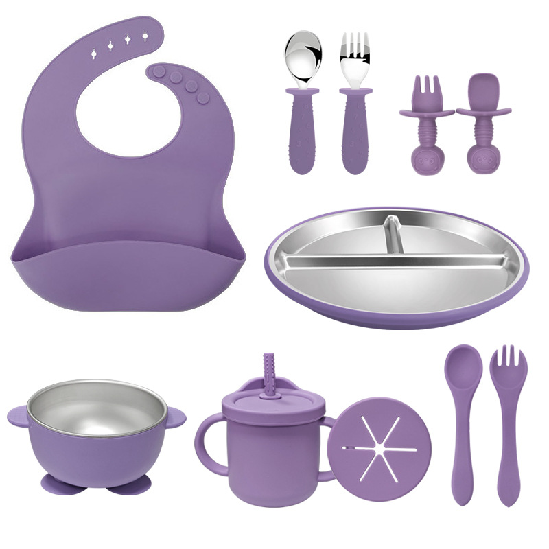 Amazon 304 acero inoxidable silicona platos de platos set cubiertos bebés bebés de silicona bib de grado alimenticio
