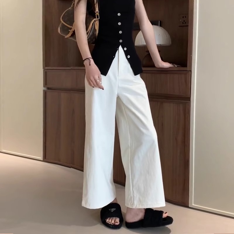 Pantalones anchos de nueve puntos blancos, modelos de primavera y verano para mujer, pantalones de pierna recta casuales de gran tamaño sueltos de cintura alta y holgados de todo fósforo con sentido de la moda