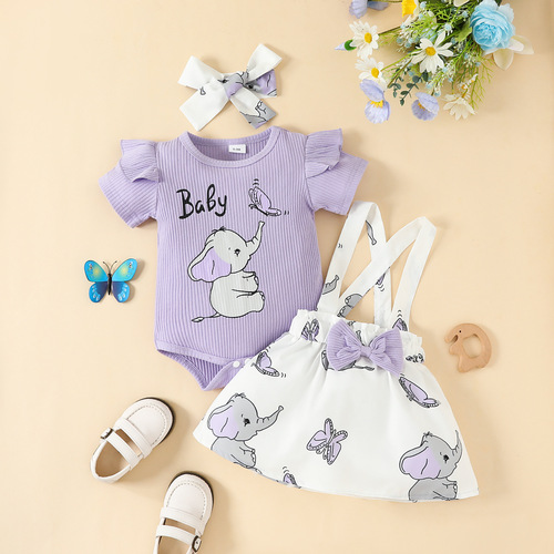 Amazon baby girl strap dress set, girl baby track pants elephant print T-shirt strap animal print dress trendy