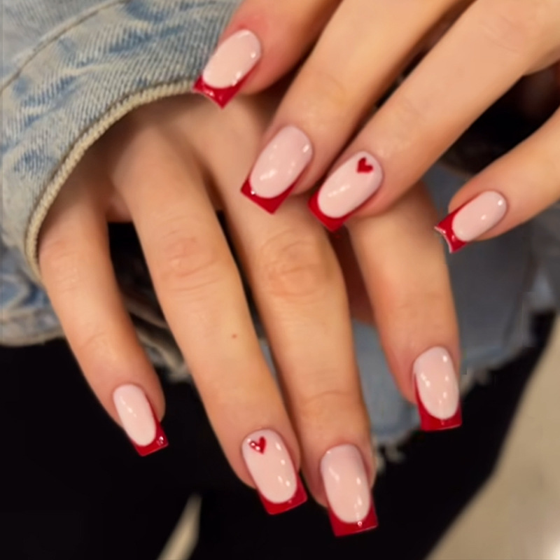 Ins Style European and American Simple wine red French Style Love Wear European Style Square Fake Nail Nail Manicure Removable Nail Pieces Ins Style European and American Simple wine red French Style Love Wear European Style Square Fake Nail Nail Manicure Removable Nail Pieces