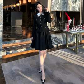 千金风黑色翻领钻饰针织连衣裙女装新款中裙明星款毛衣复古百褶裙