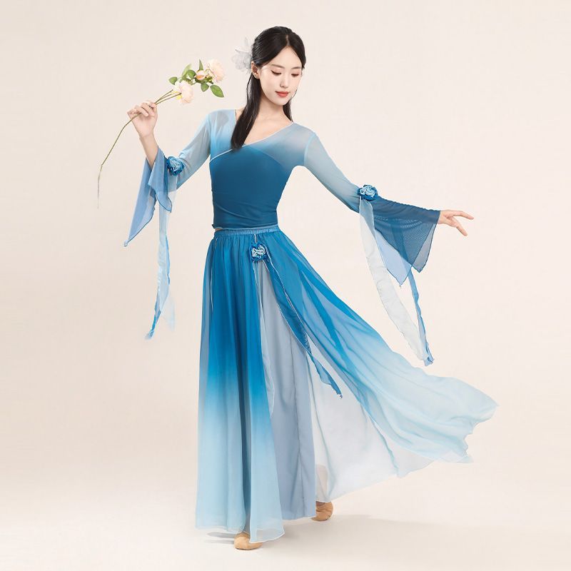 原创古典舞蹈服渐变花朵纱衣飘逸大摆裙中国舞练功服演出服 超仙|undefined