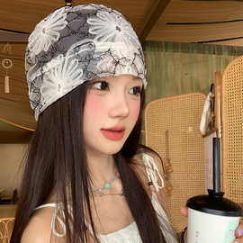 夏天薄款亮片花朵蕾丝包头帽透气薄款网纱套头帽小众设计感冷帽女