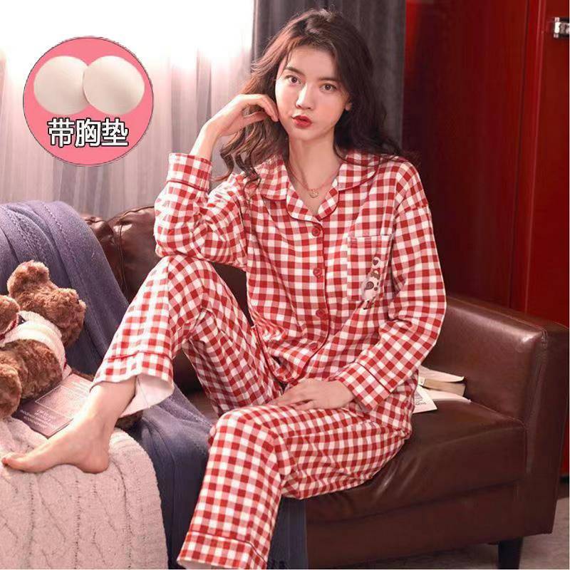 100% pijamas de algodón traje de mujer con almohadilla en el pecho Primavera y otoño pantalones de manga larga dulce simple de dibujos animados prendas de vestir exteriores homewear