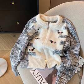 撞色小狗刺绣拉链毛衣开衫女秋冬设计感减龄洋气长袖针织外套
