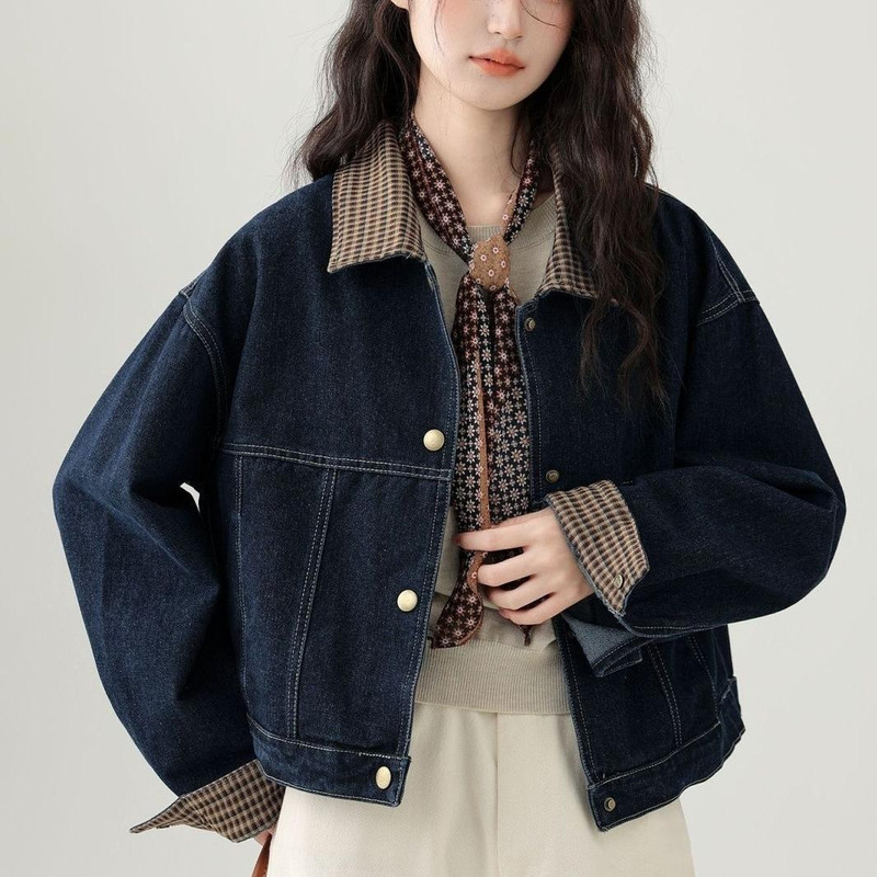 2025 Spring and Autumn New Hong Kong Style Lapel Plaid Splicing Denim Short Tops Women's Trendy Small Tops Top