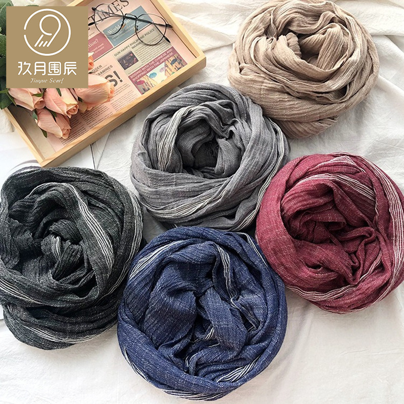 外国貿易ヨーロッパとアメリカの無地メンズスカーフ秋と冬の新しい日本と韓国のストライプ装飾シルクスカーフクロスボーダー綿とリネンのスカーフトレンド