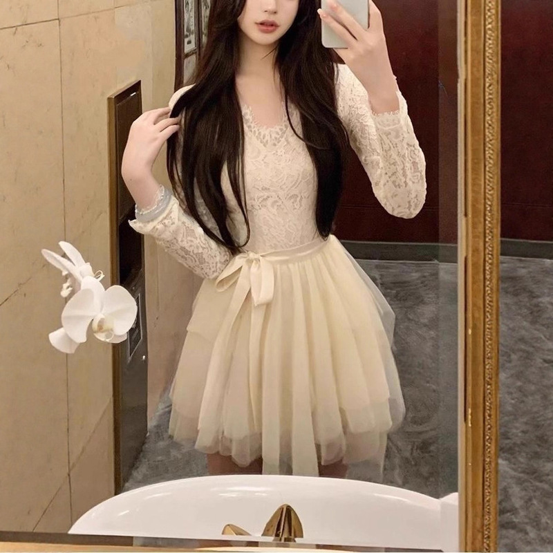 French Sweet and Gentle Elegant Lace Long-Sleeved Dress Suit for Women Autumn Classy Celebrity Birthday Party Dress