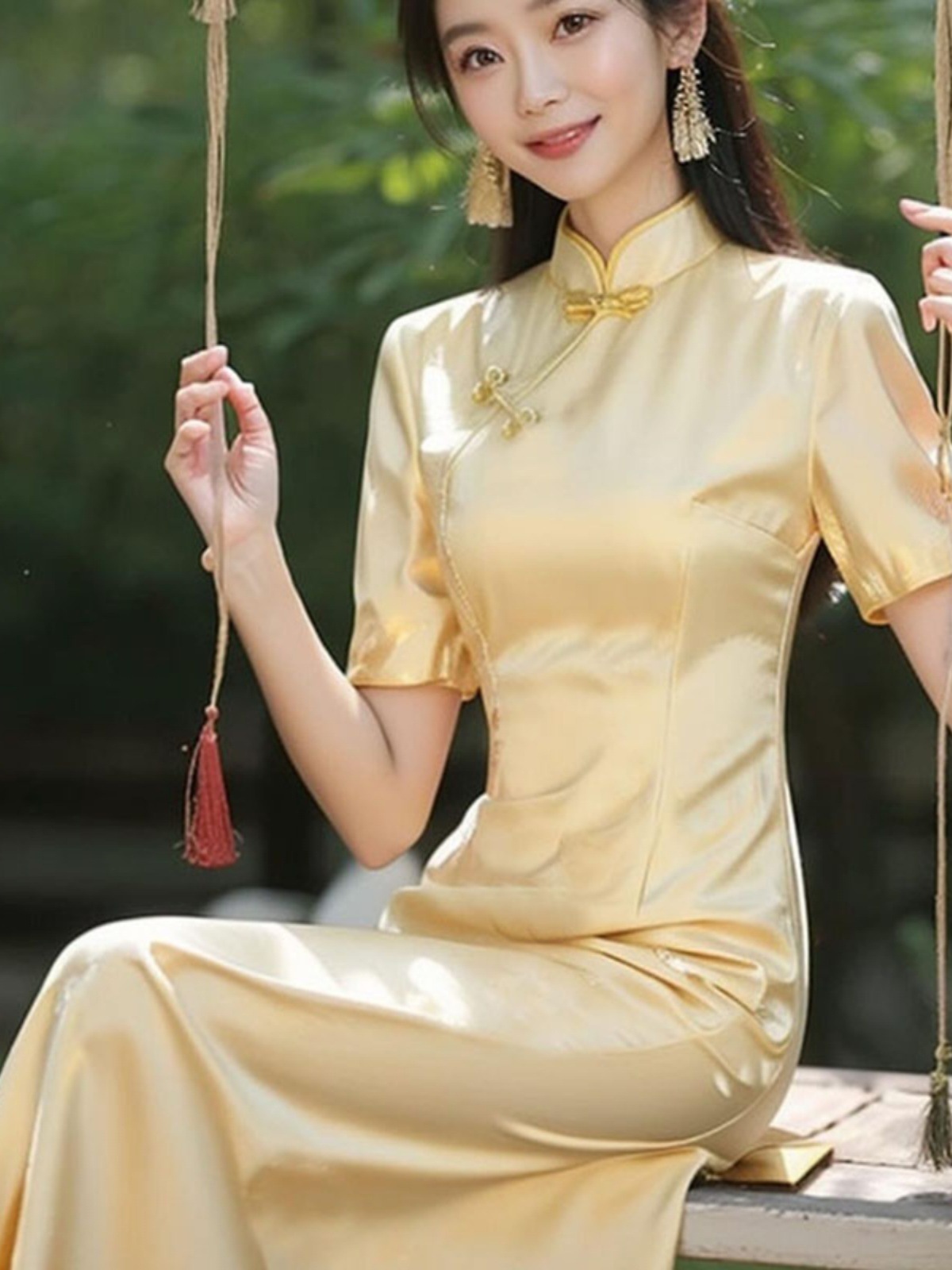 Váy dài sườn xám cải tiến phong cách Trung Quốc mùa hè tay ngắn màu vàng — Váy ngắn tay màu vàng chi tiết 7