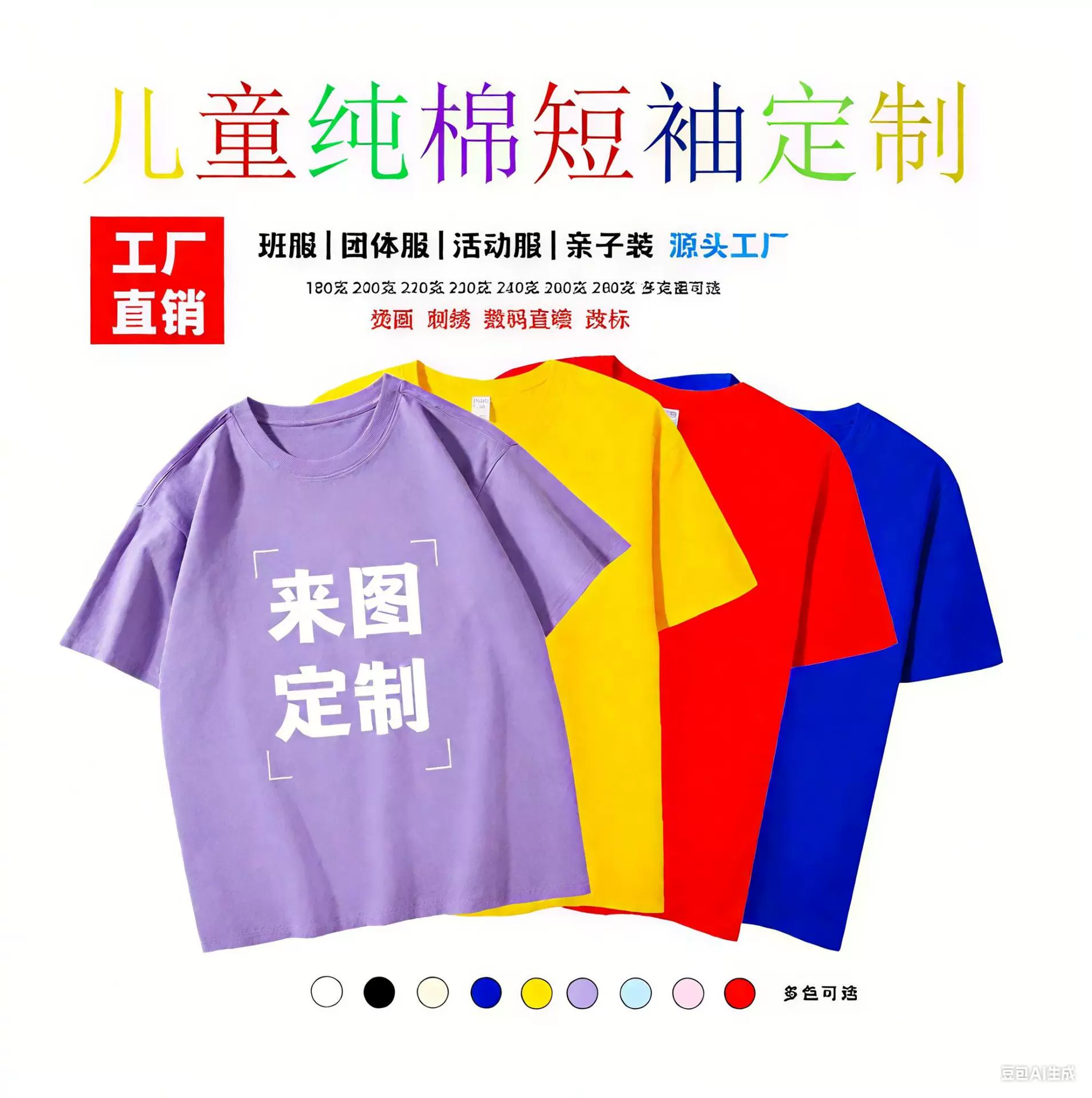 儿童纯棉短袖T恤定制男女童纯色空白版180克t恤童装可定制图案