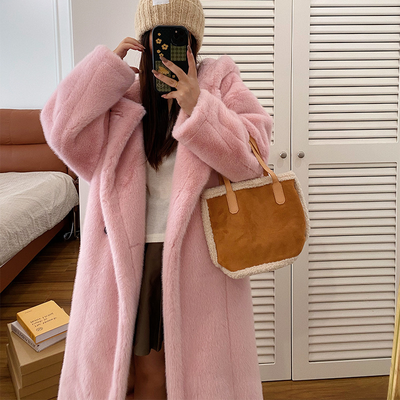 Teddy Bear Imitation Velvet Mink Fur Coat Korean-style Hooded Long Women's Winter Fur Coat Mink Mink Fleece Eco-friendly Fur