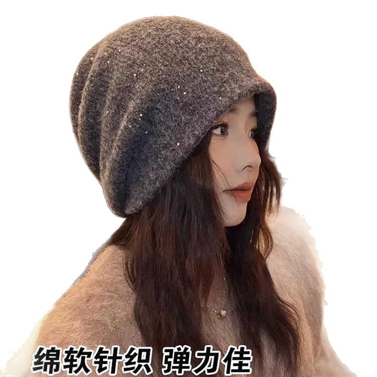 秋冬慵懒风亮片加厚堆堆帽韩系防风保暖套头帽休闲百搭显脸小冷帽|undefined