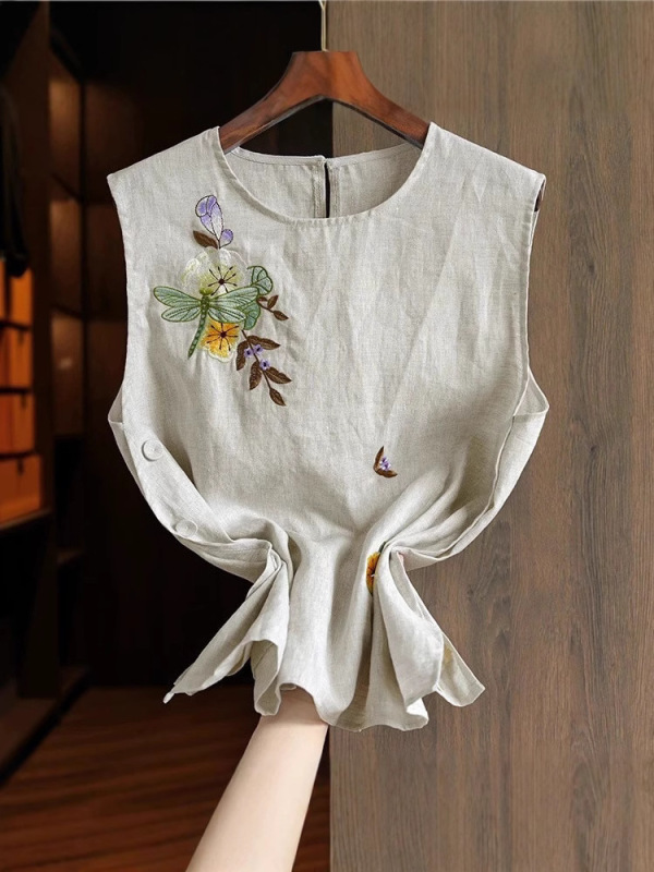 中国風の綿とリネンの女性用ベスト、夏の新しいスタイル、重厚な刺繍ボタンデザイン、ノースリーブトップ、人気のスタイル|undefined