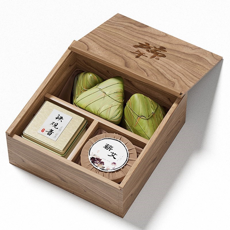 木质端午节礼盒抽拉式木盒复古雕刻伴手礼粽子包装盒实木礼品盒子