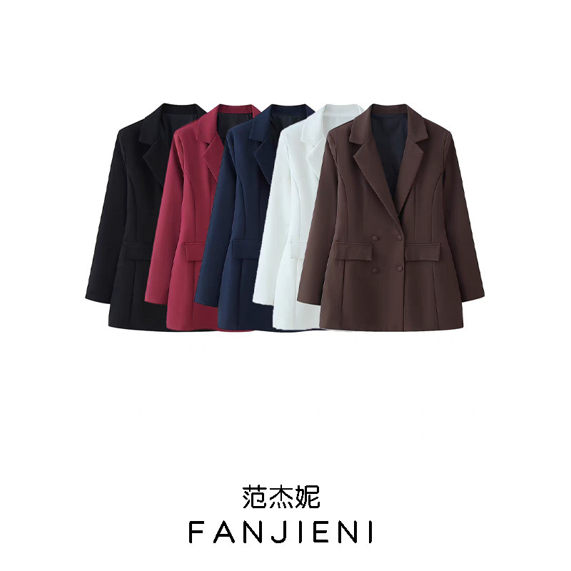 Zr Foreign Trade Wholesale European and American Style Women's Fashionable Slim Fit Double-Breasted Solid Color Lapel Long Sleeve Blazer