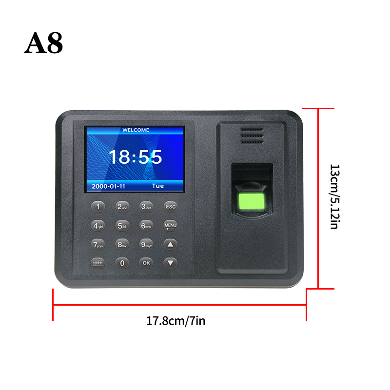 丹米尼A8考勤机打卡机 2.8寸指纹密码考勤机多国语言外贸打卡签到
