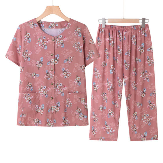 Grandma Summer Cotton Silk Short-sleeved suit Middle-aged and Elderly Female Mother Cardigan Artificial Cotton Old Lady Pajamas Two-piece Set