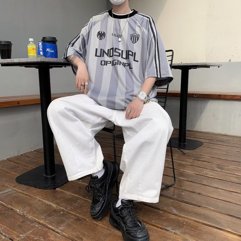 Camiseta de verano marca de moda suelta de moda de media manga de moda urbana cuello redondo rayado Delgado diario de los hombres Nuevo