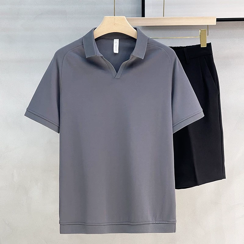 Мужская рубашка с половиной рукава прилив высокого класса с отворотом футболка сплошной цвет мужская рубашка с короткими рукавами поло летнее время 2024 новый тонкое тело