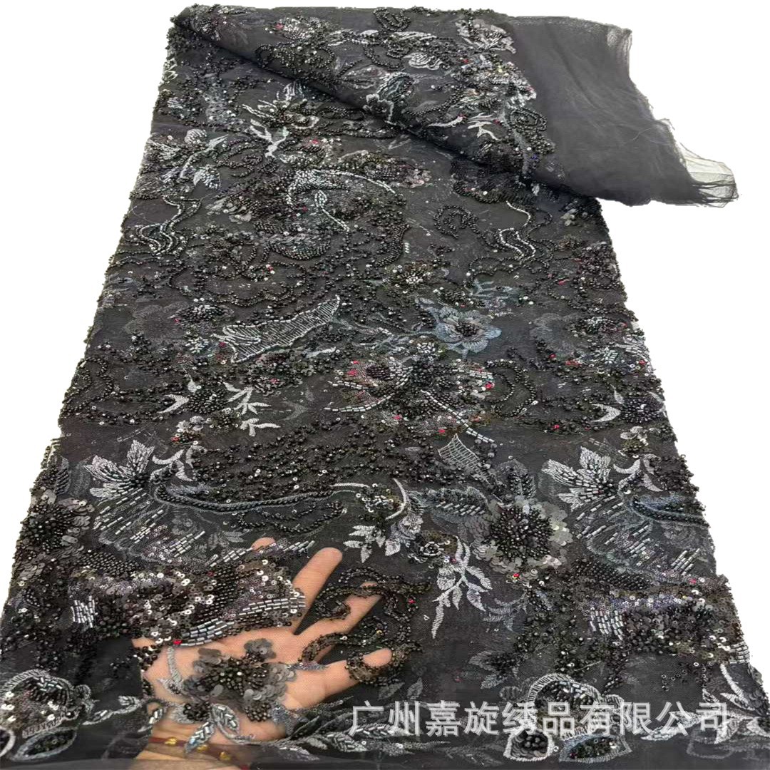 Tela de malla con encaje de cuentas francesas y bordado con tubos de cuentas superpuestos, tela de bordado para vestidos de moda europea, americana y africana.