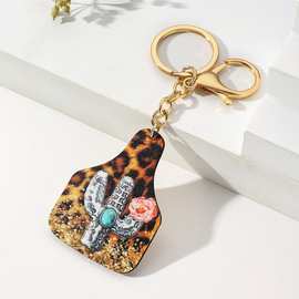 外贸爆款西部牛仔风豹纹仙人掌牛奶瓶钥匙扣挂件木质情侣背包挂饰