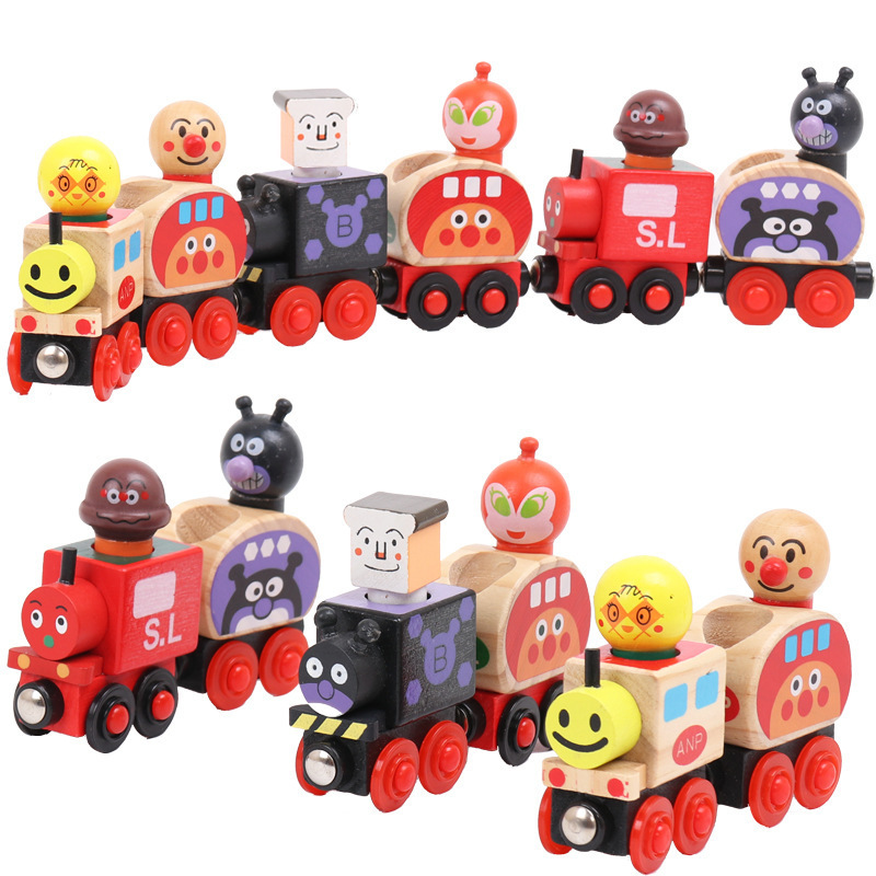 Pan superman de madera de tracción magnética tren pequeño juguete de títeres divertidos para niños se puede combinar con bloques de construcción de órbita 2 años