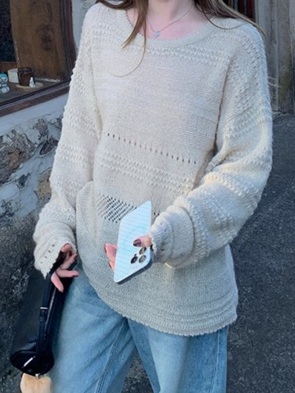 闲暇周末~马海毛设计感镂空提花圆领针织衫女秋宽松慵懒针织罩衫|undefined