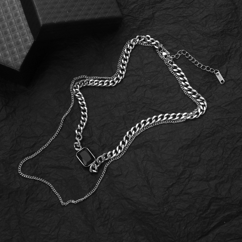 钛钢复古黑宝石双层项链多层叠带简约ins冷淡风时尚古巴链卫衣链|ms