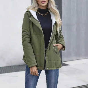 2025 New Autumn and Winter Korean Style Velvet Thickeneded Women's Hooded Cotton Outwear Preppy Style Long-Sleeved Bread Outwear Cotton Jacket