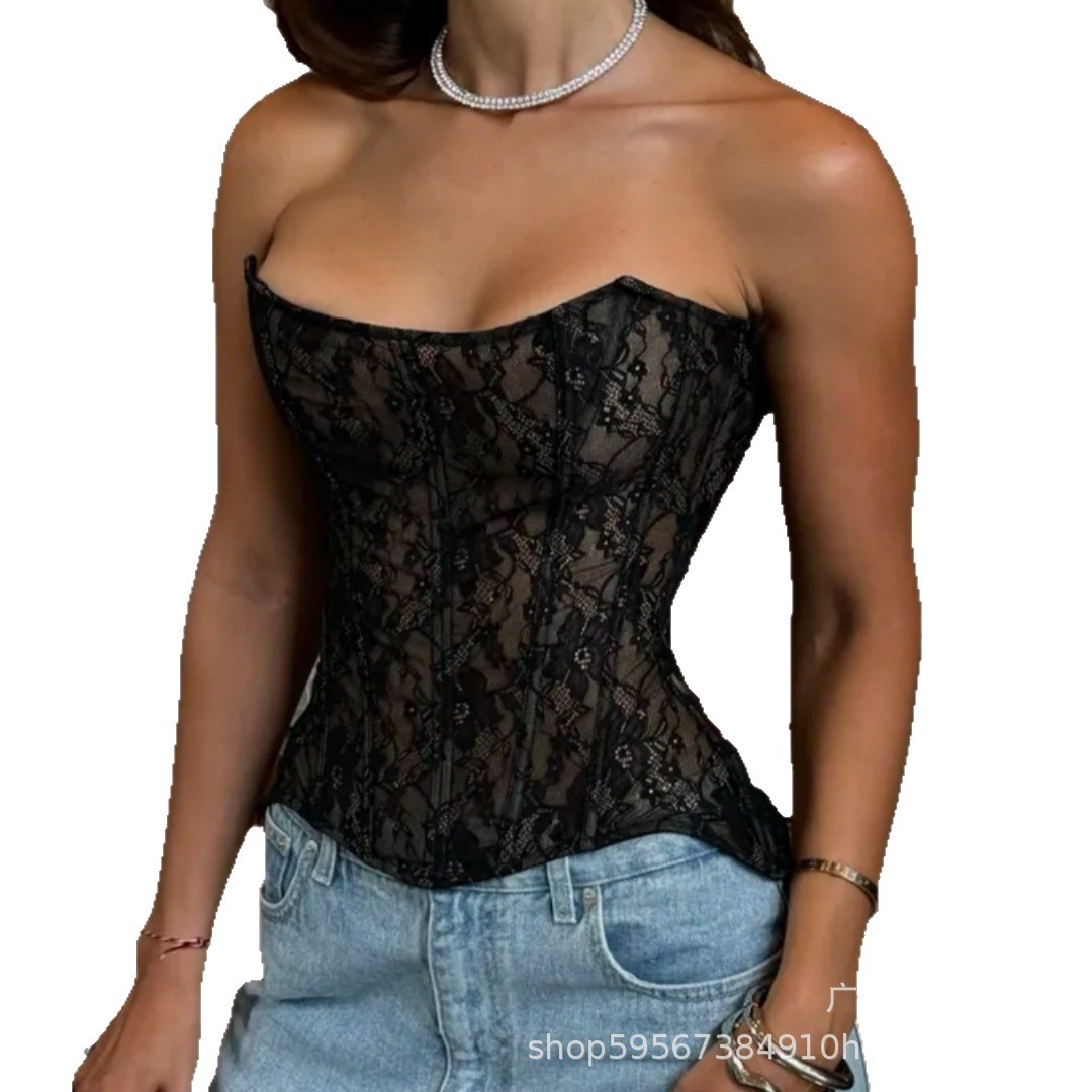 Amazon nueva seducción de la hermana imperial de encaje sexy nicho de diseño sensación de correa de hueso de pescado cintura retraída de espalda expuesta blusa de pecho image 5