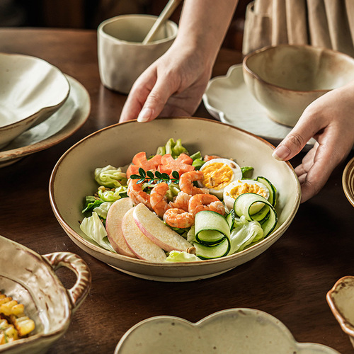 Set of coarse pottery tableware, Cha Xi series bowl and plate set, retro household large bowl and plate set, distressed ceramic dinner plates, wholesale