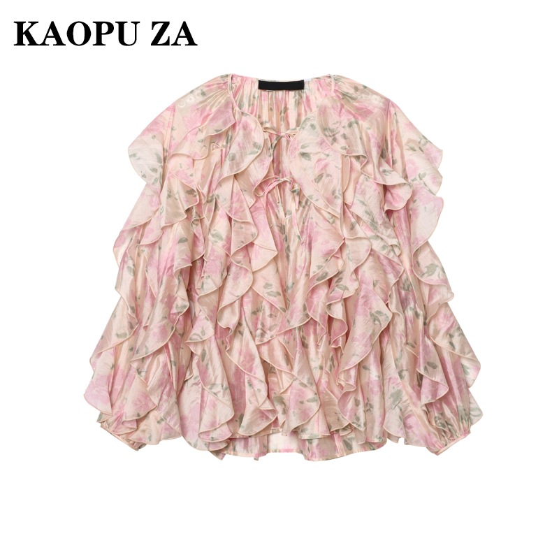 KAOPU ZA 2025 유럽과 미국 스타일의 봄 여성 프린트 러플 긴팔 쉬폰 셔츠 세련된 프랑스 디자인