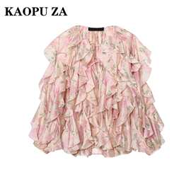 KAOPU ZA 2025欧美风春女装印花荷叶边长袖雪纺衫时尚法式设计感